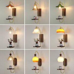 E27 LED Copper Wood Glass Wall Lamp