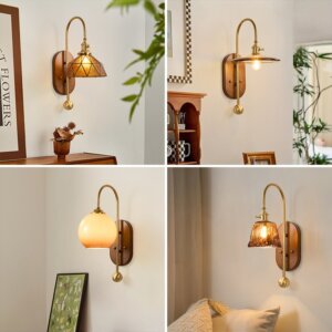 French Vintage Iron Body LED Glass Wood Wall Lamp