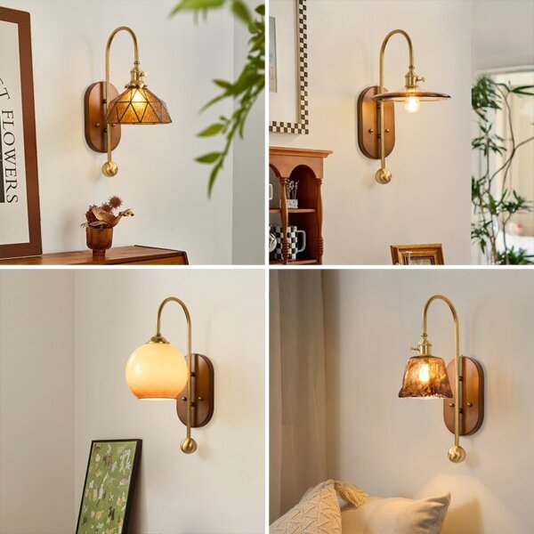 French Vintage Iron Body LED Glass Wood Wall Lamp
