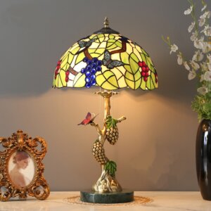 Grape Stained Glass Green Leaf Floral Table Light