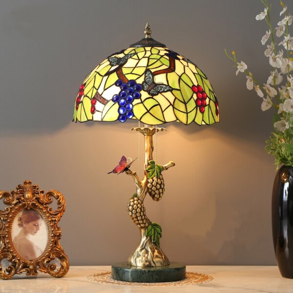 Grape Stained Glass Green Leaf Floral Table Light