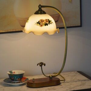 French Flower Wood Glass Table Lamp