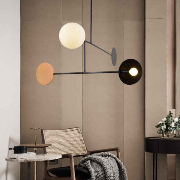 E14 Iron Glass Wood Pendant Light - 图片 2