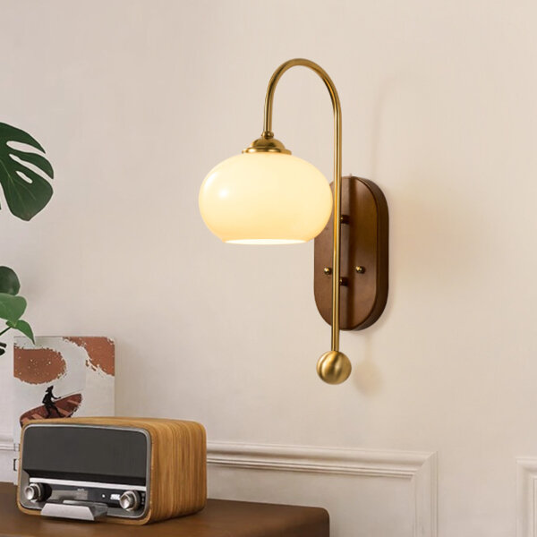 French Vintage Iron Body LED Glass Wood Wall Lamp - Image 2