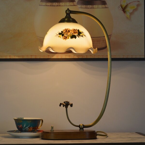 French Flower Wood Glass Table Lamp - Image 2