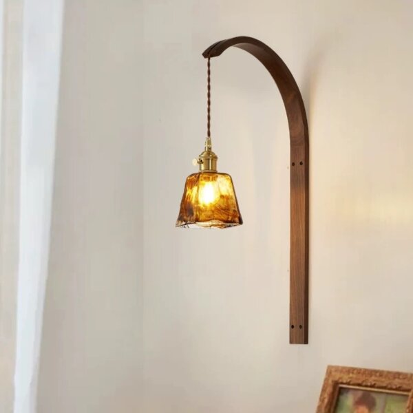 Retro Style Brass LED Walnut Wood Glass Wall Lamp - Image 3