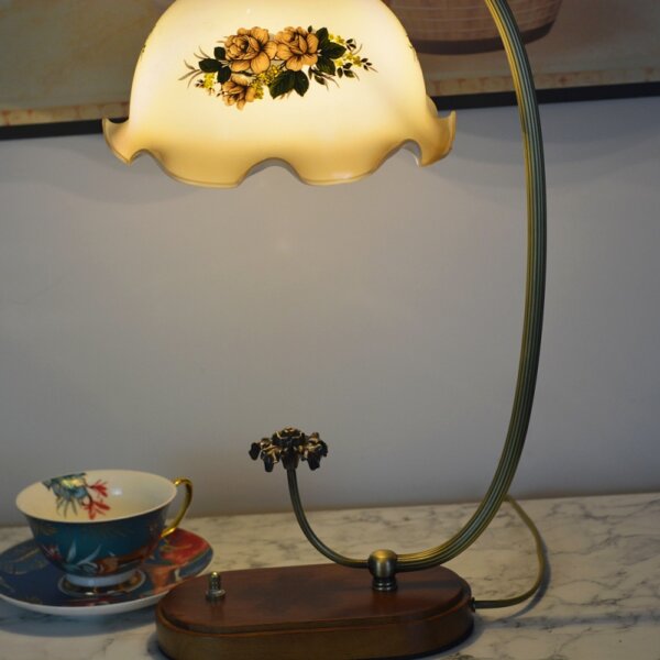 French Flower Wood Glass Table Lamp - Image 3
