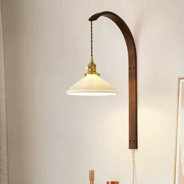 Retro Style Brass LED Walnut Wood Glass Wall Lamp - Image 4