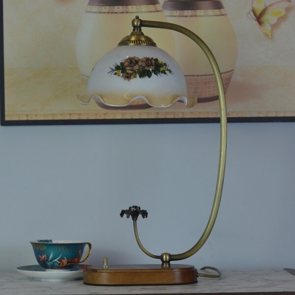 French Flower Wood Glass Table Lamp - Image 4