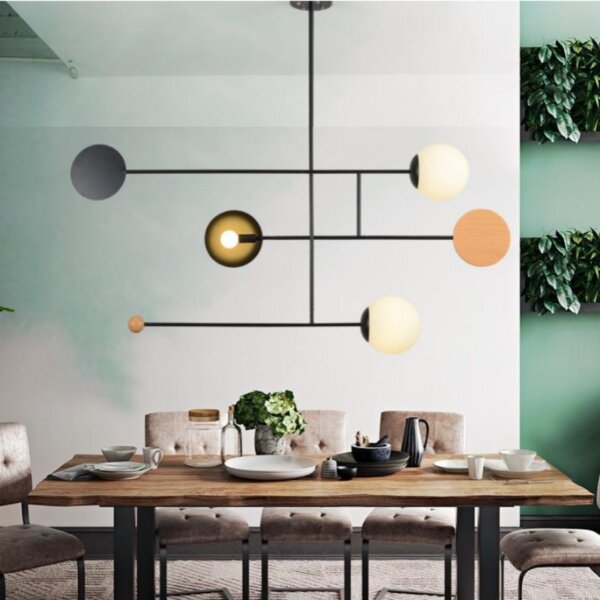 E14 Iron Glass Wood Pendant Light - 图片 5