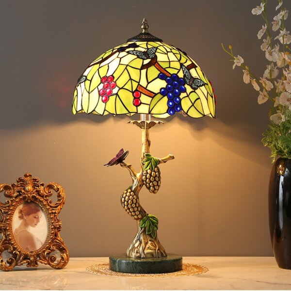 Grape Stained Glass Green Leaf Floral Table Light - Image 5