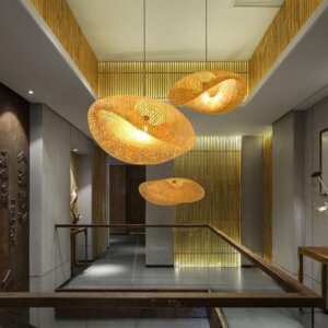 D40CM Round Wood Rattan Wicker Pendant Lamp