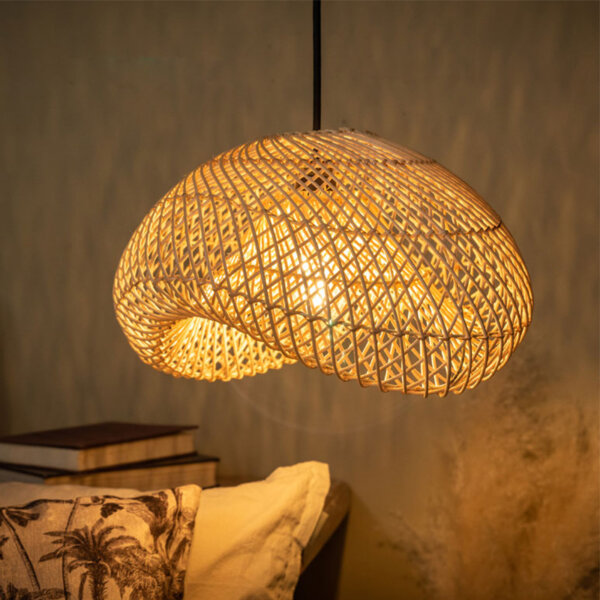H40cm Retro Wood Rattan Pendant Light