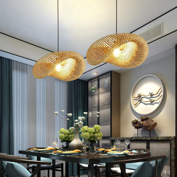 D40CM Round Wood Rattan Wicker Pendant Lamp - 图片 2