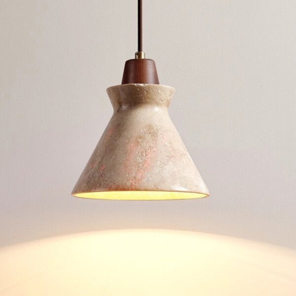 H19cm Retro Cone Stone Wood Pendant Light - 图片 3