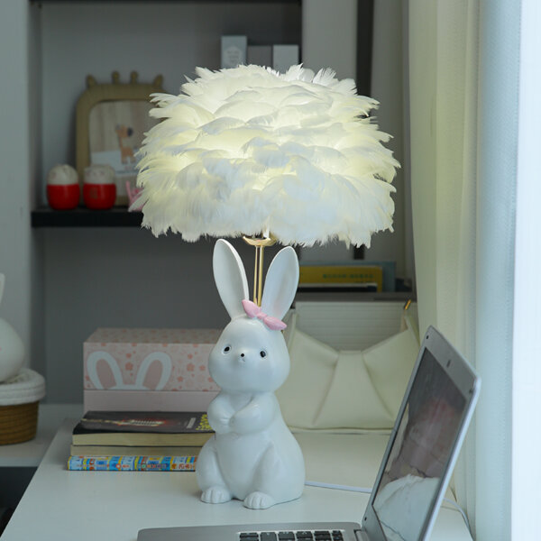 White Pink Rabbit Feather Ceramic Table Light - 图片 2