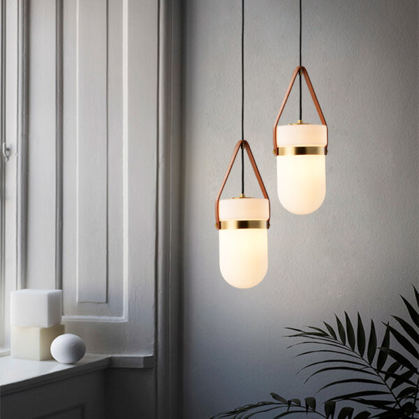 H35.5CM Copper Glass Leather Pendant Light - 图片 2