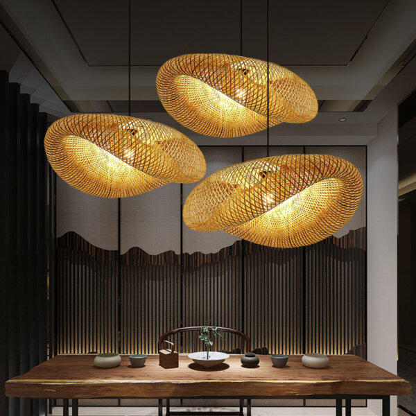 D40CM Round Wood Rattan Wicker Pendant Lamp - 图片 3
