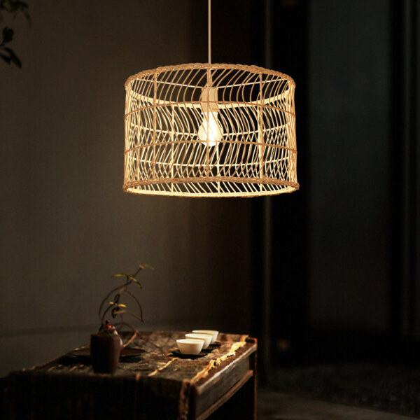 H40cm Retro Wood Rattan Pendant Light - 图片 3