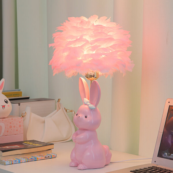 White Pink Rabbit Feather Ceramic Table Light - 图片 3