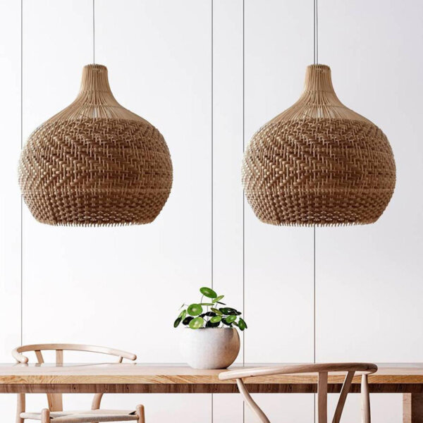 H40cm Retro Wood Rattan Pendant Light - 图片 4