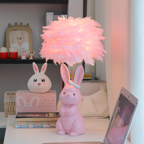 White Pink Rabbit Feather Ceramic Table Light - 图片 4