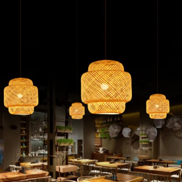 D40CM Round Wood Rattan Wicker Pendant Lamp - 图片 5