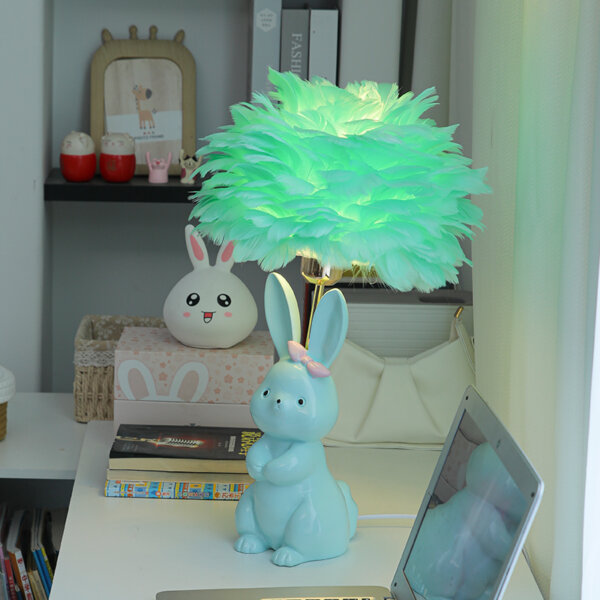 White Pink Rabbit Feather Ceramic Table Light - 图片 5